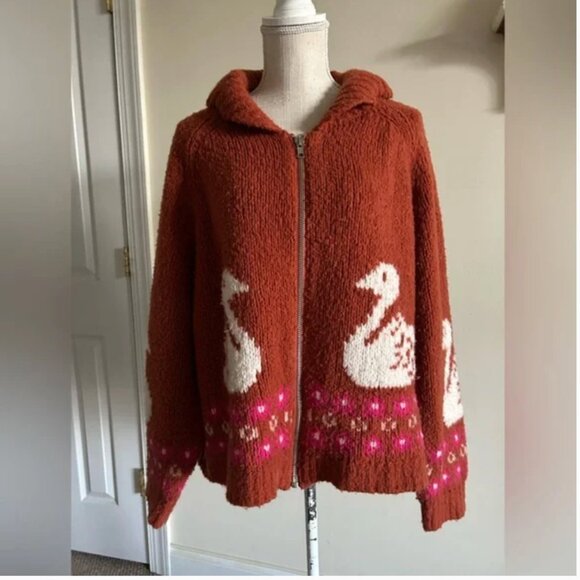 Anthropologie Maeve Wool Front Zipper Cardigan swan print Sweater size XXSP - Picture 4 of 9